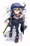  1girl artist_name black_hair hero_charger_(splatoon) highres holding holding_weapon hood hoodie ink jinkoika looking_at_viewer octoling octoling_girl octoling_player_character ponytail solo splatoon_(series) tentacle_hair tentacles weapon yellow_eyes 