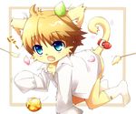  all_fours anthro bell blue_eyes bottomless cat clothed clothing collar cub cute feline fur kasasagi leaf legwear male mammal open_mouth raised_tail shirt socks solo yellow_fur young 