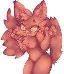  2015 :3 anthro big_ears breasts cat fangs feline female fur krayboost looking_at_viewer mammal nude pose red_fur simple_background small_breasts smile solo white_background yellow_eyes 