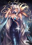  absurdly_long_hair alnilam blue_dress blue_eyes breasts cleavage constellation copyright_name dress earrings hair_ornament jewelry large_breasts long_hair looking_at_viewer parted_lips solo standing star star_hair_ornament unleashed very_long_hair watermark white_hair 