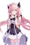  1girl alternate_costume animal_ears azur_lane bii_bii_(bronzeii002) cat_ears cheshire_(azur_lane) cheshire_(azur_lane)_(cosplay) closed_mouth commentary commission cosplay dress enmaided fake_animal_ears frilled_dress frills garter_straps green_eyes hands_up heart heart-shaped_pupils highres long_hair looking_at_viewer maid maid_headdress pink_hair skeb_commission smile solo steepled_fingers symbol-shaped_pupils theseus_(azur_lane) thighhighs white_garter_straps white_thighhighs 