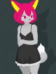  anthro bodily_fluids canid canine cel_shading clothing crossed_arms crying dress female fox frown fur grey_body grey_clothing grey_dress grey_fur gure_(thekitsuyt) hair hi_res mammal pink_eyes pink_hair pink_nose sad shaded signature simple_background solo standing tears thekitsuyt 