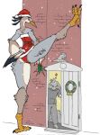  anthro avian belt bird christmas christmas_clothing christmas_headwear claws clothing costume duo eyeshadow feathers female hat headgear headwear hi_res holidays larger_female makeup male mistletoe plant santa_costume santa_hat size_difference sweatshirt tail tail_feathers zed-s 