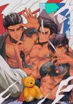  3boys ^_^ abs absurdres bara character_request closed_eyes copyright_request cowboy_shot dark-skinned_male dark_skin doufujintianxianle highres large_pectorals male_focus multiple_boys muscular muscular_male nipple_piercing nipple_rings nipples pectorals piercing short_hair smoking thick_eyebrows waving 