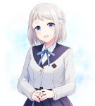  1girl blue_eyes blue_overskirt blue_ribbon blue_sailor_collar blue_skirt blush gakuen_idolmaster grey_hair grey_jacket half_up_braid hatsuboshi_gakuen_school_uniform highres idolmaster jacket katsuragi_lilja long_sleeves looking_at_viewer nmtk_413 ribbon ribbon_braid sailor_collar school_uniform short_hair skirt smile solo upper_body 