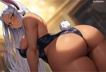  1girl animal_ears artist_name ass bare_shoulders blurry blurry_background boku_no_hero_academia breasts chromiaart dark-skinned_female dark_skin from_behind highres large_breasts leotard long_eyelashes long_hair looking_at_viewer mirko parted_bangs playboy_bunny rabbit_ears rabbit_girl rabbit_tail red_eyes smile solo strapless strapless_leotard tail tail_through_clothes thick_thighs thighs toned_female very_long_hair white_hair 