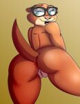  anthro anus big_butt blush bottomwear brown_body brown_fur butt clothing disney eyewear female fur genitals glasses itzimiau looking_at_viewer looking_back mammal mustelid nude open_mouth otter presenting presenting_hindquarters pussy rear_view sam_(zootopia+) shorts simple_background solo tail thick_thighs zootopia zootopia+ zootopia_shorts 