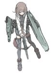  1girl bad_id bad_pixiv_id breasts brown_eyes brown_hair crossbow flat_chest hair_between_eyes headband headgear holding holding_crossbow holding_weapon japanese_clothes kantai_collection long_sleeves pleated_skirt saitou_masatsugu short_hair simple_background skirt small_breasts solo taihou_(kancolle) thighhighs weapon white_background 