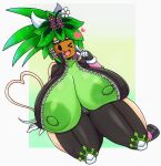  2022 areola big_breasts black_eyes blaster_master blush breasts clothed clothing elemental_creature elemental_humanoid female flora_fauna green_areola green_body green_nipples heart_symbol hi_res huge_breasts humanoid jumpsuit kanna_(blaster_master) matospectoru nipples not_furry one_eye_closed open_clothing open_topwear plant plant_humanoid simple_background solo topwear wink 