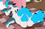 2019 absurd_res anthro canid canine canis claws controller duo feet foot_fetish foot_focus foot_grab foot_lick foot_on_face foot_play game_controller hi_res licking male male/male mammal pawpads paws thaismotosuwa toe_claws tongue wolf 