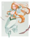  1girl :d arm_at_side arm_up bleach bleach:_sennen_kessen-hen blush boonheur border breasts cleavage cleavage_cutout clothing_cutout commentary detached_sleeves floating_hair full_body grey_background hair_ornament happy inoue_orihime juliet_sleeves large_breasts long_hair long_skirt long_sleeves looking_at_viewer navel open_mouth orange_eyes orange_hair parted_bangs puffy_sleeves shirt simple_background skirt sleeveless sleeveless_shirt smile solo standing star_(symbol) star_hair_ornament teeth upper_teeth_only very_long_hair waving white_border white_shirt white_skirt 