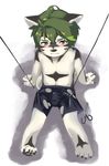  anthro black_fur blush bound bulge canine clothed clothing cub dog fur hooks male mammal scissors shadow sitting solo topless white_fur young うまに 