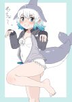  1girl absurdres bare_legs barefoot blowhole blue_eyes blue_hair blush bow bowtie cardigan cetacean_tail common_bottlenose_dolphin_(kemono_friends) cowboy_shot dolphin_girl dorsal_fin fins fish_tail frilled_one-piece_swimsuit frills grey_hair grey_sweater hair_between_eyes head_fins highres kemono_friends kemono_friends_3 kumasyan1998 long_sleeves looking_at_viewer multicolored_hair official_alternate_costume one-piece_swimsuit open_cardigan open_clothes sidelocks smile solo standing standing_on_one_leg sweater swimsuit tail translation_request two-tone_sweater white_bow white_bowtie white_hair white_one-piece_swimsuit 