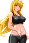  1girl black_pants black_sports_bra blonde_hair breasts commentary_request cowboy_shot engo_(aquawatery) fate_testarossa highres large_breasts long_hair lyrical_nanoha mahou_shoujo_lyrical_nanoha_strikers midriff navel open_mouth pants red_eyes simple_background smile solo sports_bra white_background yoga_pants 