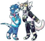 2018 alpha_channel ambiguous_gender anthro aoba_seragaki black_bottomwear black_clothing black_hat black_headwear black_nose black_pants blue_body blue_bottomwear blue_clothing blue_fur blue_jeans blue_nose blue_pants blush bodily_fluids bottomwear button_ears canid canine canis cel_shading clothed clothing coat cosplay denim denim_bottomwear denim_clothing digital_drawing_(artwork) digital_media_(artwork) digitigrade_footwear domestic_dog dot_eyes dramatical_murder duo electronics eyebrow_through_hair eyebrows fangs floppy_ears footwear fully_clothed fur furgonomic_footwear furgonomics hair handpaw hat headgear headphones headphones_around_neck headwear hi_res jaspering jeans mammal markings noiz_(dmmd) orange_hair pants paws pink_blush pink_headphones shaded side_view simple_background smile snout spots spotted_body spotted_fur standing suspenders sweat sweatdrop tail teeth topwear touching_noses translucent translucent_hair transparent_background whisker_spots white_body white_fur