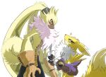  ana_(softkeychains) black_pants black_sclera blue_eyes body_fur colored_sclera digimon digimon_(creature) fork holding holding_fork holding_knife kitsune knife looking_at_viewer pants rabbit red_eyes renamon simple_background smirk symbareangoramon white_background yellow_fur yellow_tail 