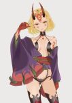  1girl alternate_hair_length alternate_hairstyle blonde_hair breasts commentary_request cosplay earrings facial_mark fate/grand_order fate_(series) fingernails forehead_mark highres horns ibaraki_douji_(fate) japanese_clothes jewelry kimono looking_at_viewer mame_cs5 oni open_clothes open_kimono parted_lips pointy_ears purple_kimono revealing_clothes sharp_fingernails short_hair shuten_douji_(fate) shuten_douji_(fate)_(cosplay) single_bare_shoulder small_breasts solo yellow_eyes 