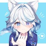  1boy 1girl ahoge animal_ears blue_eyes blue_hair blue_jacket blush cat_ears cat_girl cat_tail closed_mouth furina_(genshin_impact) genshin_impact hair_between_eyes heterochromia highres jacket jewelry light_blue_hair long_hair looking_at_viewer multicolored_hair pomepome1207 simple_background smile solo streaked_hair tail white_hair white_tail 