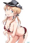  1girl anchor_hair_ornament ass bikini blonde_hair breasts butt_crack cleavage collarbone commentary_request fuji_(pixiv24804665) green_eyes grey_hat hair_ornament hat highres kantai_collection leaning_forward long_hair looking_at_viewer low_twintails medium_breasts micro_bikini open_mouth peaked_cap prinz_eugen_(kancolle) red_bikini round_teeth side-tie_bikini_bottom simple_background smile solo swimsuit teeth twintails upper_teeth_only white_background 