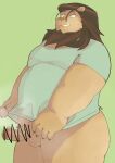  2024 anthro arufina_w balls belly censored clothing erection felid genitals green_background hi_res humanoid_hands kemono lion male mammal musk overweight overweight_male pantherine penis shirt simple_background solo topwear 