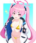 +_+ 1girl bikini blue_archive blush breasts cameltoe fang fingerless_gloves gloves halo highres hururu_game jacket koyuki_(blue_archive) long_hair long_sleeves micro_bikini navel open_clothes open_jacket open_mouth pink_eyes pink_hair skin_fang small_breasts solo sparkle swimsuit thick_eyebrows twintails 