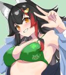  1girl alternate_costume animal_ear_fluff animal_ears armpits bikini black_hair blush breasts commentary fingernails green_background green_bikini hair_ornament hairclip hand_up hashtag-only_commentary hololive large_breasts long_hair looking_at_viewer multicolored_hair ookami_mio red_hair shirt simple_background smile solo streaked_hair swimsuit teeth two-tone_hair upper_body v virtual_youtuber white_shirt wolf_ears wolf_girl yellow_eyes yuuzuki_(re&#039;ef) 