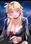  1girl alcohol blonde_hair blush bottle bracelet breasts choker cleavage commentary_request cup dress drinking_glass fate_testarossa highres indoors jewelry large_breasts long_hair looking_at_viewer lyrical_nanoha mahou_shoujo_lyrical_nanoha_strikers open_mouth pendant red_eyes red_wine solo sougetsu_izuki wine wine_bottle wine_glass 