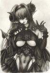  1girl absurdres azur_lane black_headband breasts center_cross_lace clothing_cutout covered_navel curled_horns demon_girl demon_horns demon_tail demon_wings elbow_gloves forward_facing_horns gloves greyscale hair_between_eyes headband heart_cutout highres hindenburg_(azur_lane) horns kuroaduki large_breasts long_hair looking_at_viewer mole mole_under_eye monochrome scrunchie see-through simple_background solo tail traditional_media underboob_cutout very_long_hair white_background wings wrist_scrunchie 