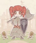  1girl animated animated_gif axe bead_bracelet beads bird blunt_bangs bracelet capelet character_request chibi dark_souls_(series) eleanor_(ohmyeleanor) english_commentary green_capelet green_footwear green_skirt holding holding_axe holding_shield holding_weapon jewelry light_blush orange_sky outline red_hair shield short_hair short_twintails sidelocks skirt sky smile solo twintails weapon white_outline youtube 