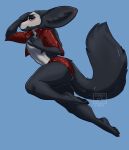  absurd_res anthro black_body black_fur blush canid canine cropped_jacket famousartpotato fennec_fox fox fur hi_res leather male mammal pose posing_for_picture red_eyes red_leather skimpy_bottomwear skull_pattern solo true_fox white_body white_fur xiro_decobray 