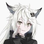  1girl :d animal_ears arknights black_coat black_nails blood blood_on_face coat fingerless_gloves gloves green_eyes hair_between_eyes hair_ornament hairclip hand_up happy lappland_(arknights) looking_at_viewer messy_hair nail_polish nemesis_gx portrait scar scar_across_eye smile solo upper_body white_gloves white_hair wiping_blood wiping_face wolf_ears wolf_girl 