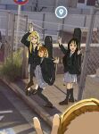  4girls :d akiyama_mio black_eyes black_hair black_jacket black_pantyhose black_socks blazer blonde_hair blue_eyes blue_ribbon brown_eyes brown_footwear brown_hair chain-link_fence collared_shirt double_v fence forehead grass grey_skirt hair_ornament hairband hairclip high_school_girls_posing_for_google_street_view_(meme) highres hirasawa_yui instrument_case instrument_on_back jacket k-on! kneehighs kotobuki_tsumugi loafers long_sleeves meme multiple_girls neck_ribbon open_mouth outdoors pantyhose photo_background pleated_skirt rei_(yousuru_) ribbon road_sign sakuragaoka_high_school_uniform school_uniform shirt shoes sign skirt smile socks standing standing_on_one_leg tainaka_ritsu v white_shirt white_socks winter_uniform yellow_hairband 