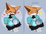  2024 anon anthro big_breasts blush breasts canid canine clothed clothing comic digital_media_(artwork) dizzy domestic_cat duo felid feline felis female fox heart_symbol hug hybrid lyx_the_foxcat male male/female mammal scrimer_the_artposter simple_background smile smothering text 