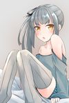  :o alternate_costume black_ribbon blush casual collarbone comah grey_legwear hair_ribbon kantai_collection kasumi_(kantai_collection) long_hair long_sleeves looking_at_viewer off_shoulder remodel_(kantai_collection) ribbon side_ponytail silver_hair simple_background solo thighhighs v-shaped_eyebrows yellow_eyes 