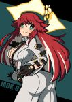  1girl ankh_necklace ass belt black_gloves bodysuit breasts broken_halo character_name cleavage colored_inner_hair commentary_request front_slit gloves green_eyes guilty_gear guilty_gear_strive hair_between_eyes halo highres jack-o&#039;_valentine large_breasts long_hair multicolored_hair red_hair solo spiked_halo too_many too_many_belts very_long_hair white_bodysuit white_hair yomura_(yohann48) 