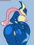  amphibian anthro big_breasts big_butt blue_body breasts butt butt_grab female frog generation_6_pokemon genitals greninja hand_on_butt hand_on_own_butt hi_res long_tongue looking_at_viewer looking_back membrane_(anatomy) multicolored_body nintendo nipples nude pink_eyes pink_tongue pokemon pokemon_(species) pussy seductive signature simple_background solo tail thick_thighs tongue two_tone_body unskilledude535 