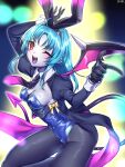  1girl :d ;d ahoge animal_ear_hairband animal_ears black_gloves black_necktie black_pantyhose black_tail black_wings blue_hair blue_leotard blurry blurry_background bow breasts cleavage colored_skin commentary_request copyright_name dairoku_ryouhei demon_tail demon_wings fake_animal_ears fake_tail fangs feet_out_of_frame from_side gloves grey_skin hairband highres juliet_sleeves leotard light_blue_hair long_hair long_sleeves looking_at_viewer looking_to_the_side medium_breasts multicolored_background necktie official_art one_eye_closed pantyhose parted_bangs pink_necktie pink_tail pink_wings playboy_bunny puffy_sleeves rabbit_ear_hairband rabbit_ears red_eyes rtsusk09 sidelocks single_wing sleeves_past_wrists smile solo straight_hair tail tail_raised tailcoat_playboy_bunny two-sided_fabric two-tone_necktie two-tone_tail two-tone_wings white_wrist_cuffs wing_collar wings wrist_cuffs yellow_bow 