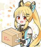  1girl :d bare_shoulders blonde_hair blue_sleeves bocchi_the_rock! box bridal_gauntlets cardboard_box cat_tail commentary_request cosplay cropped_torso detached_sleeves fur-trimmed_sleeves fur_trim genshin_impact hair_ornament hairclip high_ponytail holding holding_box ijichi_nijika kirara_(genshin_impact) kirara_(genshin_impact)_(cosplay) long_hair long_sleeves looking_at_viewer mitya multiple_tails notice_lines parted_bangs ponytail red_eyes revision simple_background smile solo starry_background suzushiro_sayumi tail twitter_username two_tails upper_body very_long_hair voice_actor_connection white_background x_hair_ornament 