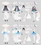  1girl :o absurdres ahoge animal_ear_fluff animal_ears ascot asymmetrical_legwear bacheally back bare_shoulders bell between_legs black_footwear blue_bow blue_dress blue_ribbon bow bowtie braid capelet child collar collared_dress color_guide detached_sleeves dress ears_down flower fox_ears fox_girl fox_tail frilled_capelet frilled_collar frilled_dress frilled_sleeves frills from_side full_body grey_background hair_between_eyes hair_ornament hair_scrunchie high_collar highres large_ears layered_dress long_hair long_sleeves looking_at_viewer low_twintails multiple_views original parted_lips puffy_long_sleeves puffy_sleeves red_eyes reference_sheet ribbon sakurada_shiro_(hy_plus) sash scrunchie short_dress side_braid simple_background sleeveless sleeveless_dress sleeves_past_wrists solo standing strappy_heels tail tail_between_legs thighhighs twintails twitter_username vertical-striped_sash very_layered_dress very_long_hair watermark white_background white_dress white_flower white_hair white_thighhighs 