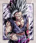  1boy blood blood_from_mouth clenched_hand commentary cowboy_shot dougi dragon_ball dragon_ball_super dragon_ball_super_super_hero electricity gohan_beast grey_hair highres long_hair male_focus muscular muscular_male pants purple_pants purple_shirt red_eyes red_sash sash shirt single_bang smirk solo son_gohan spiked ushi_(akabec0) v-neck 