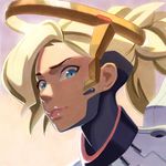  blonde_hair blue_eyes bodysuit face headgear highres lipstick looking_at_viewer makeup marker_(medium) mechanical_halo mercy_(overwatch) nose nuri_durr overwatch parted_lips photo pink_lips pink_lipstick ponytail solo traditional_media turtleneck 