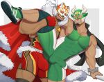  2boys absurdres bara bulge cape character_request clenched_teeth closed_eyes erection erection_under_clothes facial_hair fur-trimmed_cape fur_trim geckobara highres ikusaba_daisuke large_pectorals leg_up male_focus multiple_boys muscular muscular_male nipples open_mouth pectorals red_cape smile taurus_mask teeth tokyo_afterschool_summoners wrestling_mask wrestling_outfit yaoi 