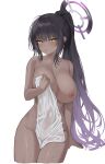  1girl aak absurdres black_hair blue_archive blush breasts cowboy_shot cropped_legs dark-skinned_female dark_skin halo highres holding holding_towel karin_(blue_archive) large_breasts looking_at_viewer nipples parted_lips ponytail purple_halo simple_background solo towel white_background white_towel yellow_eyes 