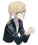  1boy alternate_costume bespectacled black-framed_eyewear black_jacket blonde_hair captain_nemo_(fate) fate/grand_order fate_(series) glasses green_eyes interlocked_fingers jacket long_hair long_sleeves looking_at_viewer male_focus nemo_(fate) own_hands_together parted_lips persona persona_5 ponytail school_uniform sherry_0014 shirt shuujin_academy_school_uniform simple_background solo turtleneck upper_body white_background white_shirt 