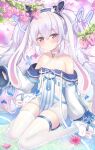 1girl animal_ears animal_slippers azur_lane bare_shoulders bunny_slippers dress expressionless full_body hair_between_eyes hair_ornament halterneck highres kana_(kuaua) laffey_(azur_lane) laffey_ii_(azur_lane) long_hair rabbit_ears rabbit_hair_ornament red_eyes sitting slippers solo thighhighs twintails very_long_sleeves wariza white_dress white_hair white_thighhighs 