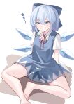  1girl absurdres barefoot blue_bow blue_dress blue_hair blush bow cirno collared_shirt commentary_request detached_wings dress fairy fairy_wings food food_in_mouth foot_out_of_frame hair_bow highres hot ice ice_wings knees_apart_feet_together looking_afar mahoro_(minase_mahoro) medium_hair mouth_hold neck_ribbon popsicle popsicle_in_mouth red_ribbon ribbon shirt short_hair short_sleeves simple_background sitting sleeveless sleeveless_dress touhou translated white_background white_shirt wings 