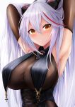  1girl absurdres aegir_(azur_lane) azur_lane bare_shoulders bodystocking breast_curtains breasts brown_gloves cleavage commentary elbow_gloves gloves hair_between_eyes highres large_breasts long_hair looking_at_viewer multicolored_hair red_hair ryara simple_background slit_pupils solo streaked_hair two-tone_hair upper_body white_background white_hair 