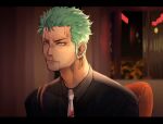  1boy alternate_costume black_eyes black_shirt blood blood_on_clothes blood_on_face closed_mouth commentary earrings english_commentary green_hair hereynd highres injury jewelry letterboxed male_focus necktie one_piece roronoa_zoro shirt short_hair single_earring solo torn_clothes white_necktie 