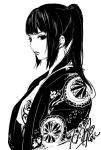  1girl bad_id bad_pixiv_id black_eyes black_hair breasts cleavage closed_mouth ishizue_kachiru japanese_clothes kimono large_breasts looking_at_viewer monochrome original signature simple_background solo upper_body white_background 