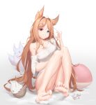  1girl absurdres archetto_(arknights) arknights barefoot blue_eyes brown_hair feet foreshortening grin hand_up heterochromia highres knees_up long_hair looking_at_viewer off-shoulder_shirt off_shoulder pointy_hair red_eyes shirt single_bare_shoulder sitting smile soles solo tcm_bot thighs toes very_long_hair 
